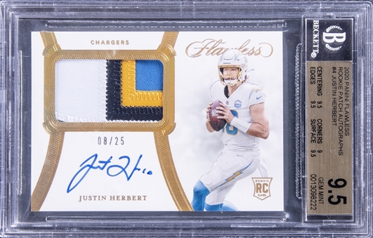 2020 Panini Flawless "Rookie Patch Autographs" #JHE Justin Herbert Signed Patch Rookie Card (#08/25) - BGS GEM MINT 9.5/BGS 10